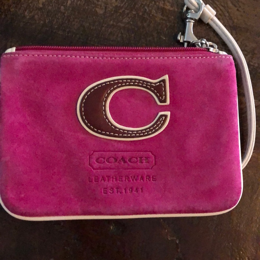 Pink suede Coach wristlet